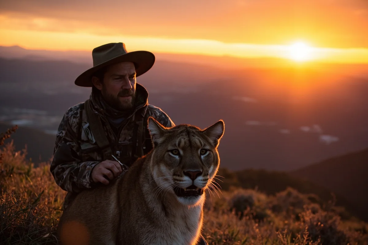 Successful hunter with mountain lion trophy in beautiful Montana mountain setting at sunset
