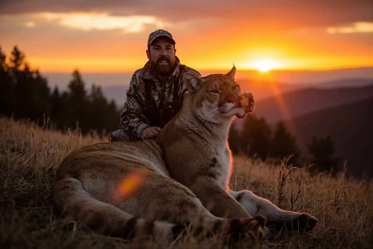 Successful Montana cougar hunter with harvested mountain lion at sunset