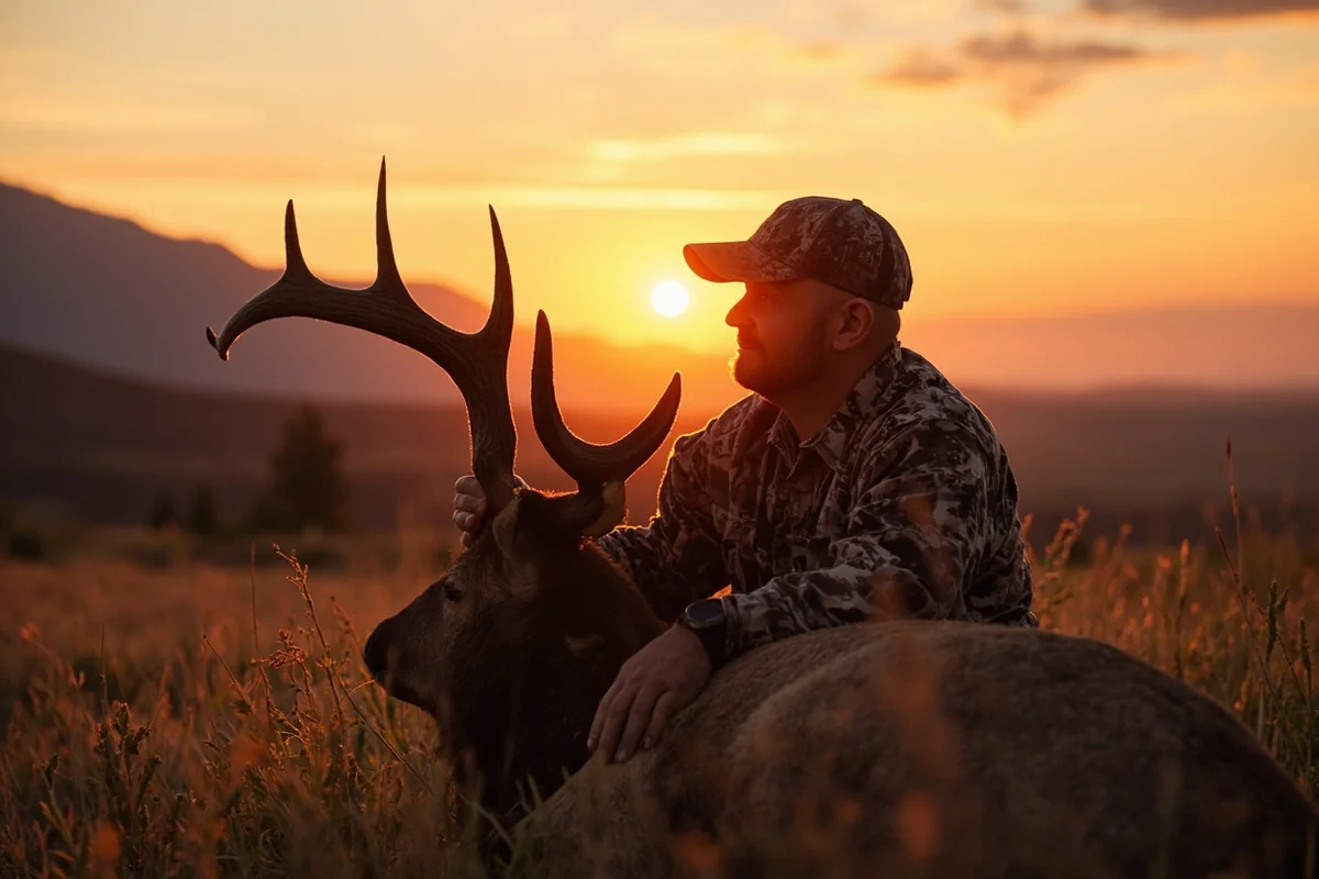 Successful non-resident hunter with Montana elk at sunset in mountain meadow
