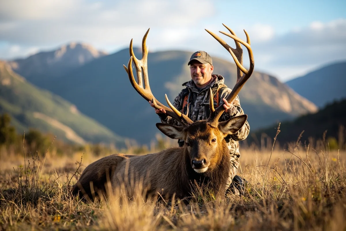 Successfully harvested Montana bull elk with hunter in scenic mountain backdrop