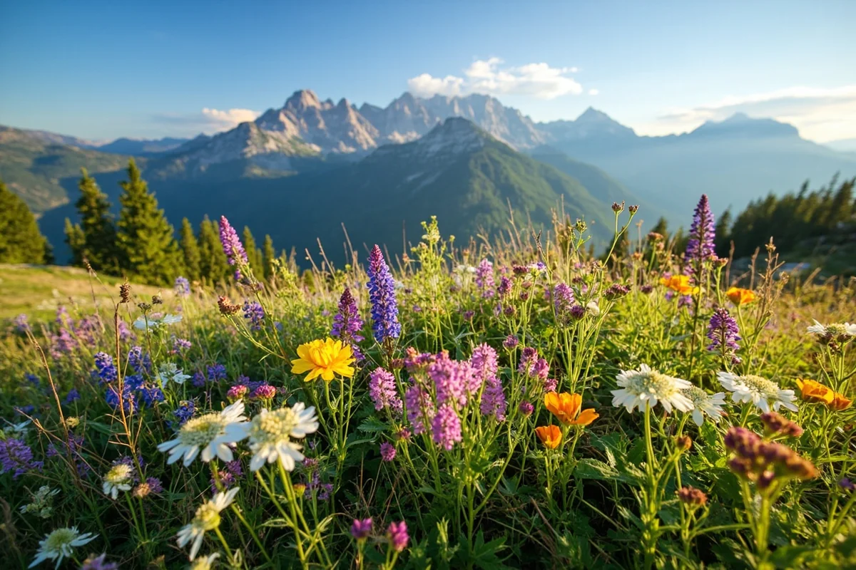 Summer wildflowers in Montana alpine meadow with clear skies