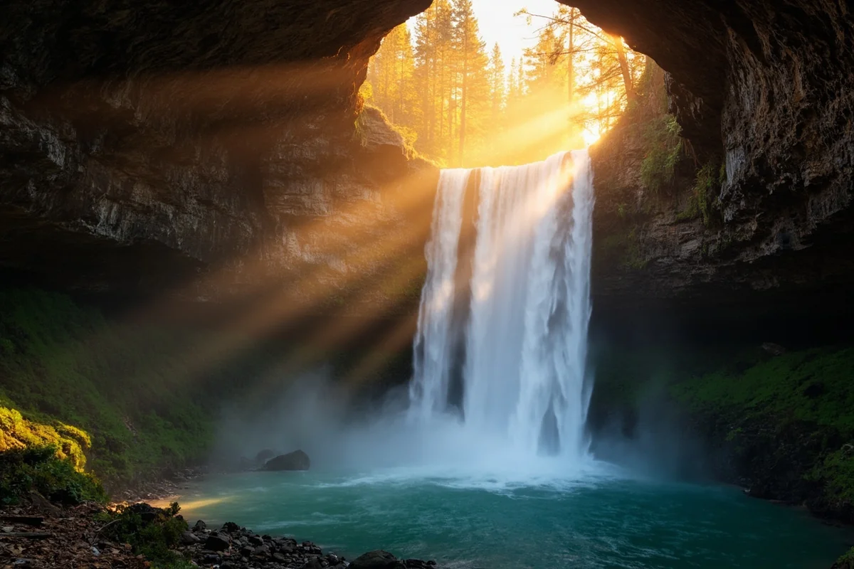Sunrise light hitting Grotto Falls with mist rising from the pool below