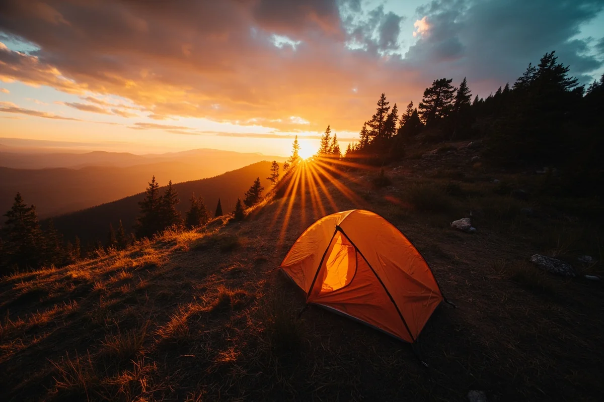 Sunrise over a backcountry campsite with tent and surrounding wilderness
