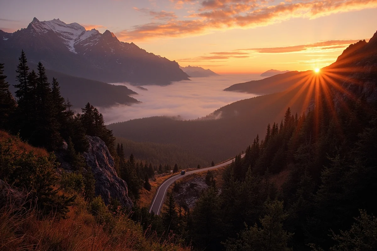 Sunrise over Going-to-the-Sun Road with early morning mist in the valleys