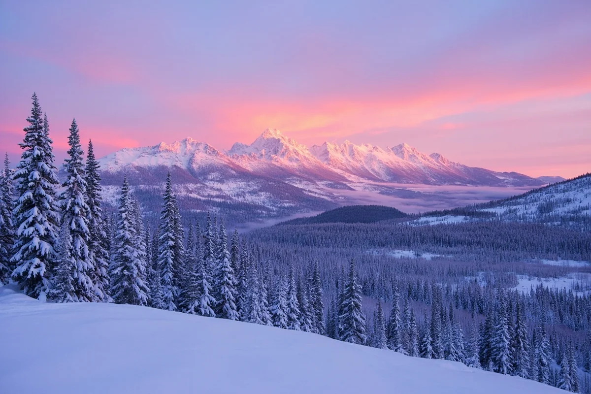 Sunrise over snow-covered Montana landscape with pink alpenglow on mountain peaks
