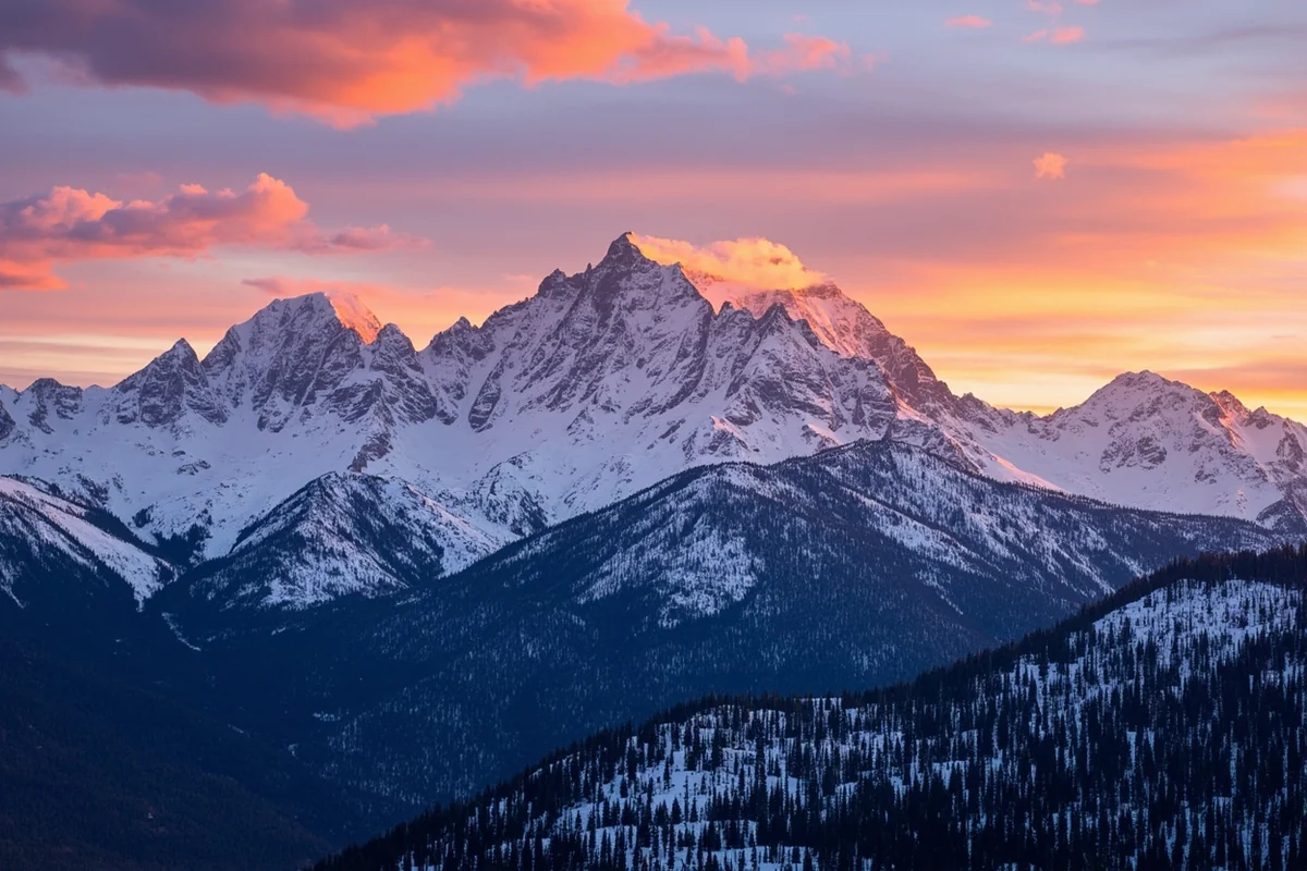 Sunrise over snow-covered Montana mountain peaks in March with golden light