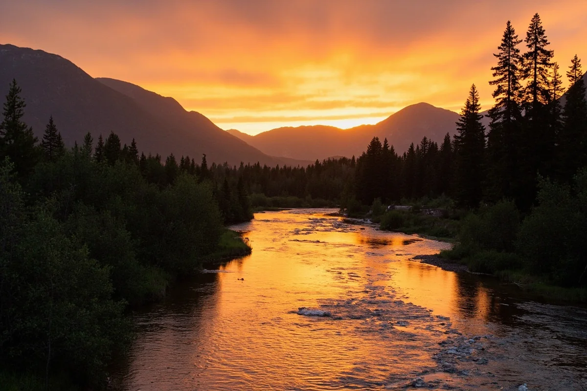 Sunrise over the Gallatin River with mountain backdrop