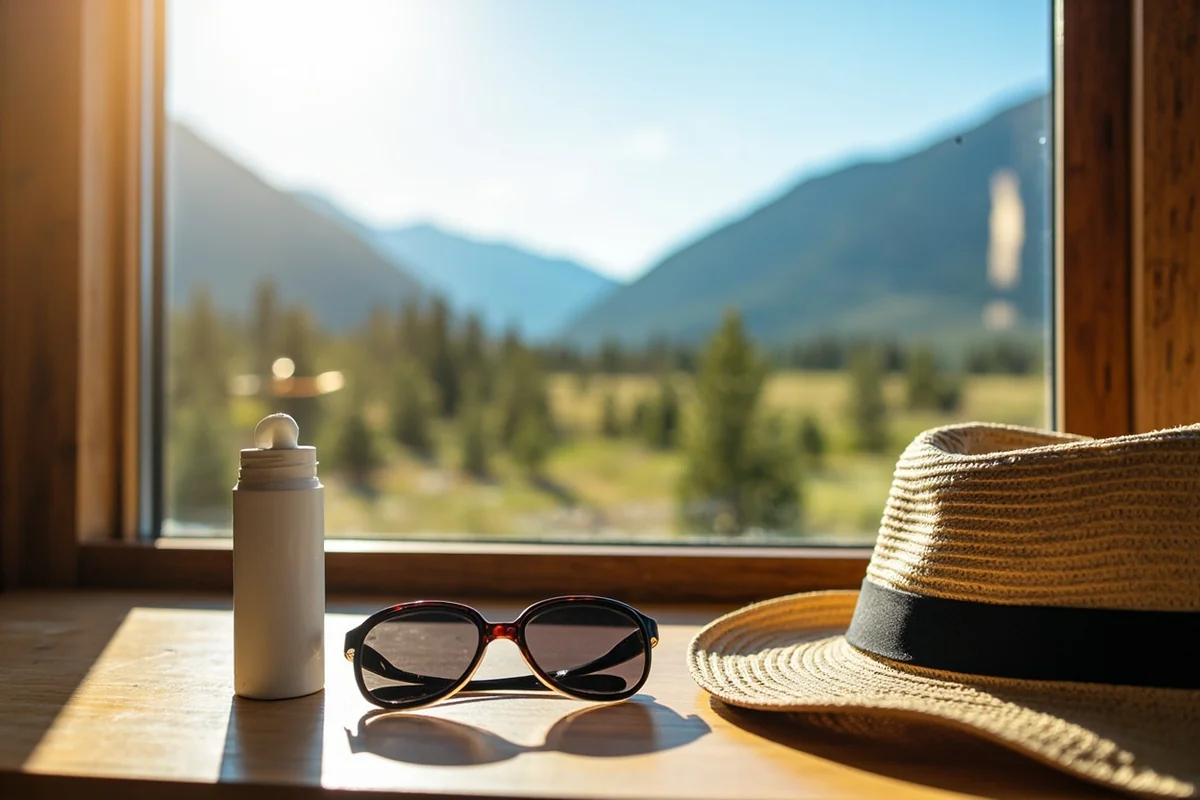 Sunscreen, sunglasses, and sun hat laid out on wooden table with Montana mountain view through window
