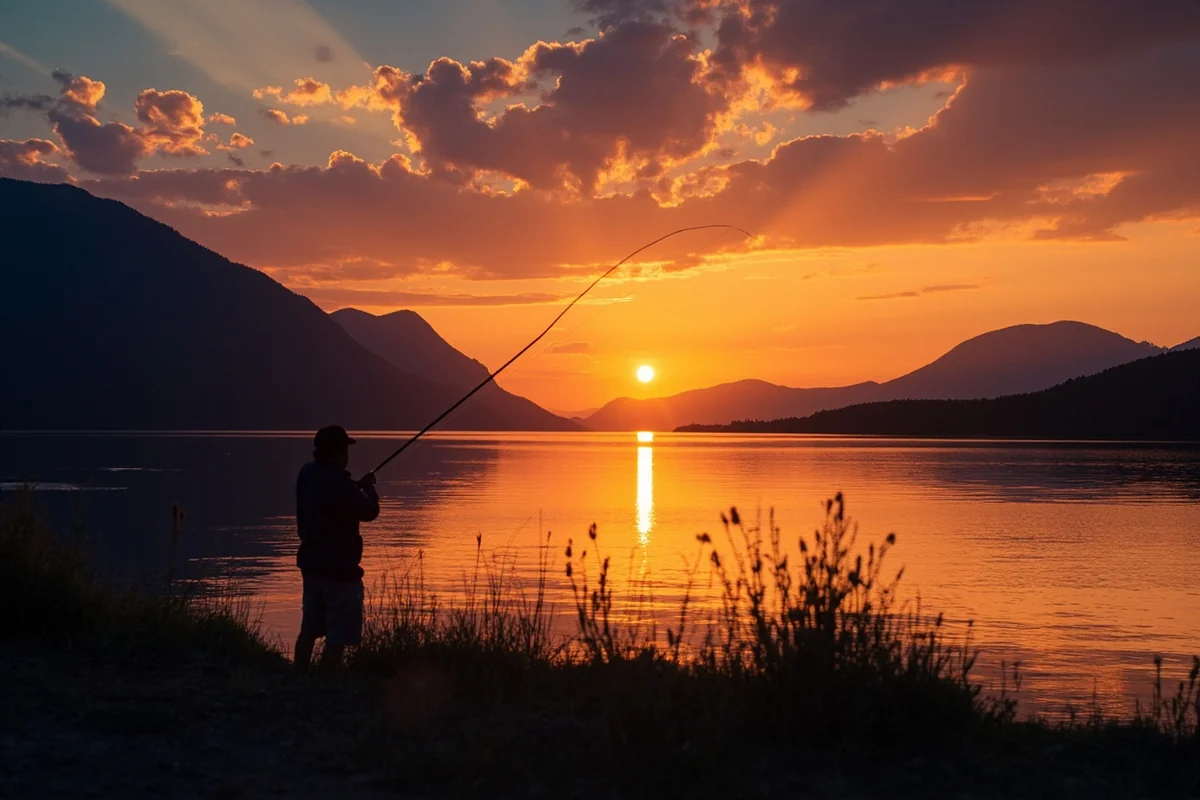 Sunset over a Montana lake with silhouette of angler casting from shore