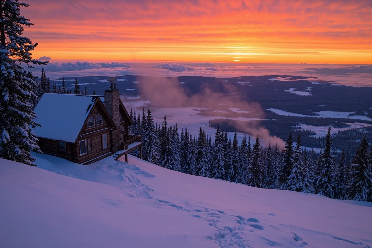 Sunset over a snowy Montana valley with a lone cabin and smoke rising from its chimney