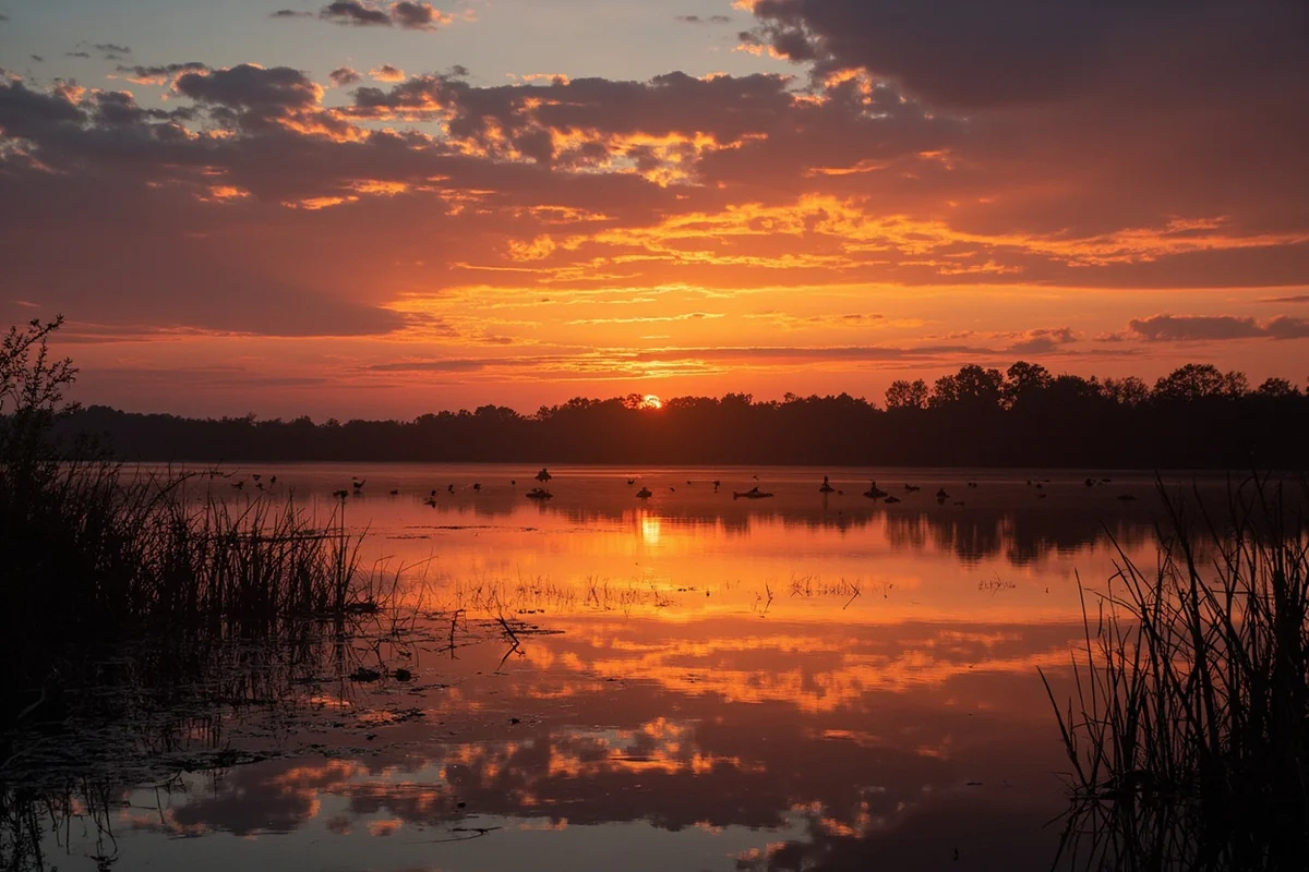 Sunset over Benton Lake with silhouettes of waterfowl on the water and dramatic sky colors reflected in the wetlands