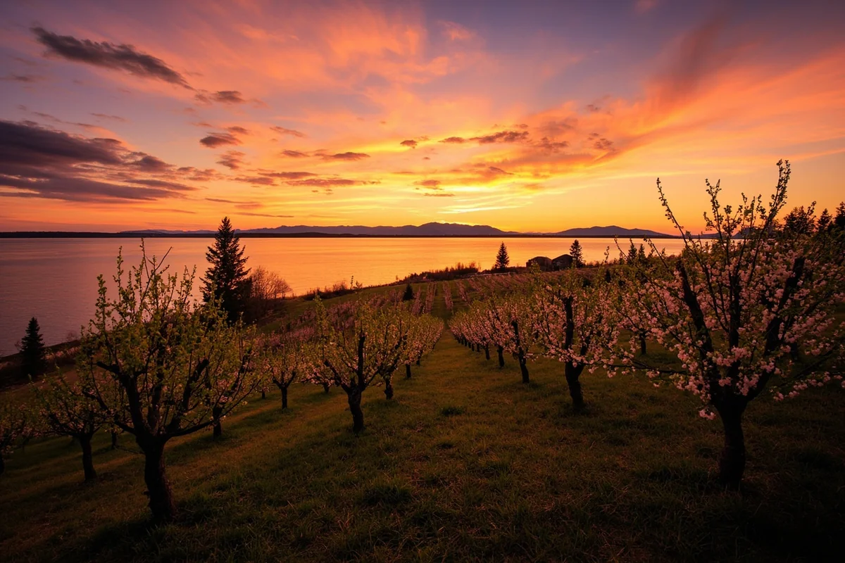 Sunset over Flathead Lake with cherry orchards and mountains in distance
