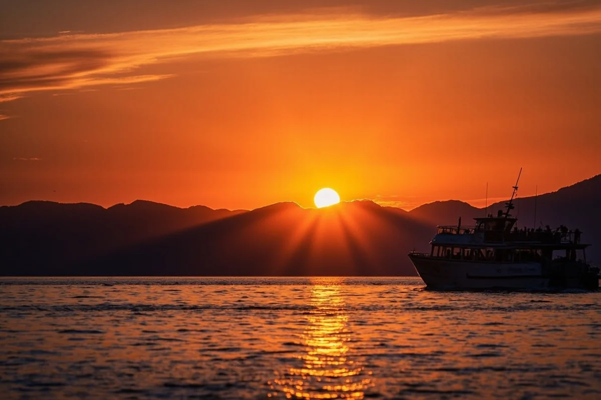 Sunset over Flathead Lake with silhouette of tour boat in foreground