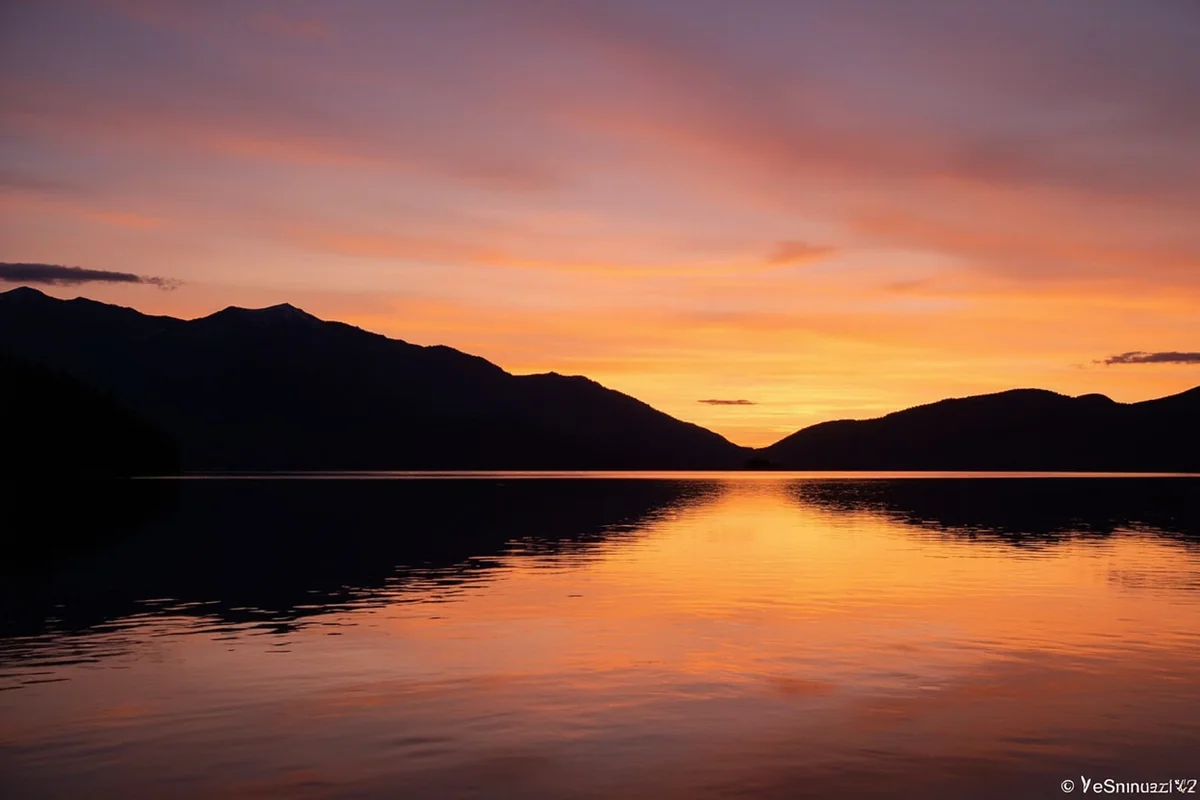 Sunset over Flathead Lake with silhouetted Mission Mountains and calm water reflections