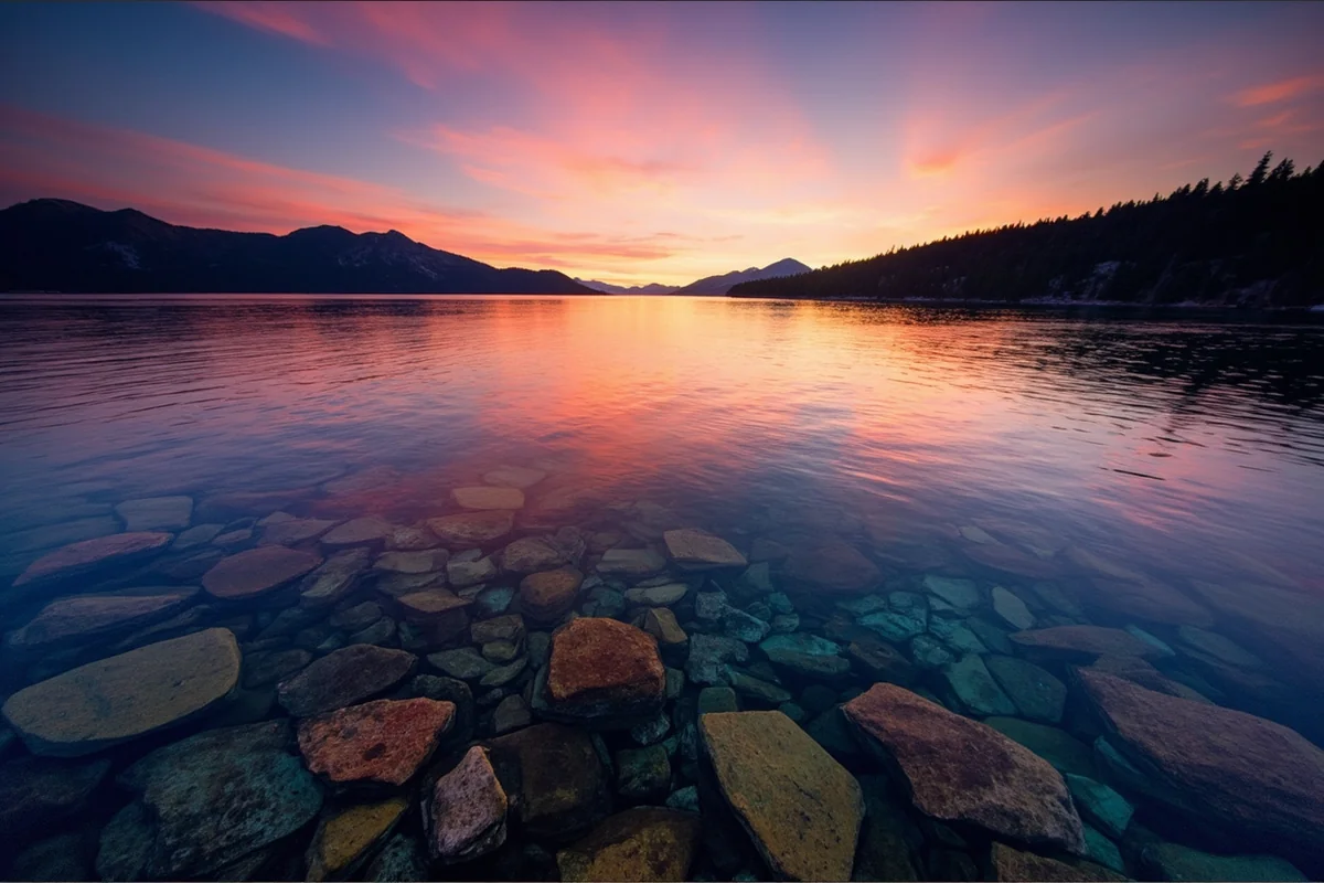 Sunset over Lake McDonald with colorful rocks visible through crystal-clear water in foreground