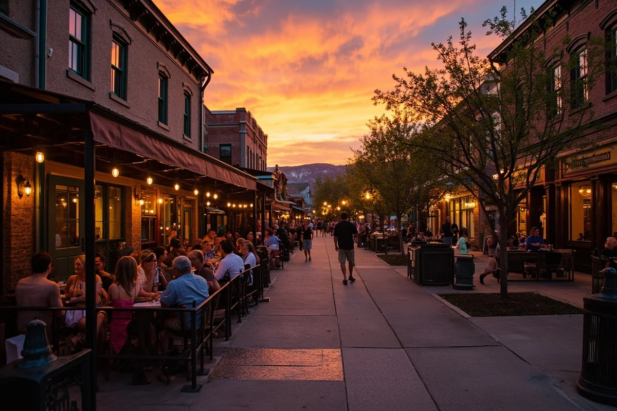 Sunset over Last Chance Gulch with locals and visitors enjoying outdoor dining at sidewalk cafes