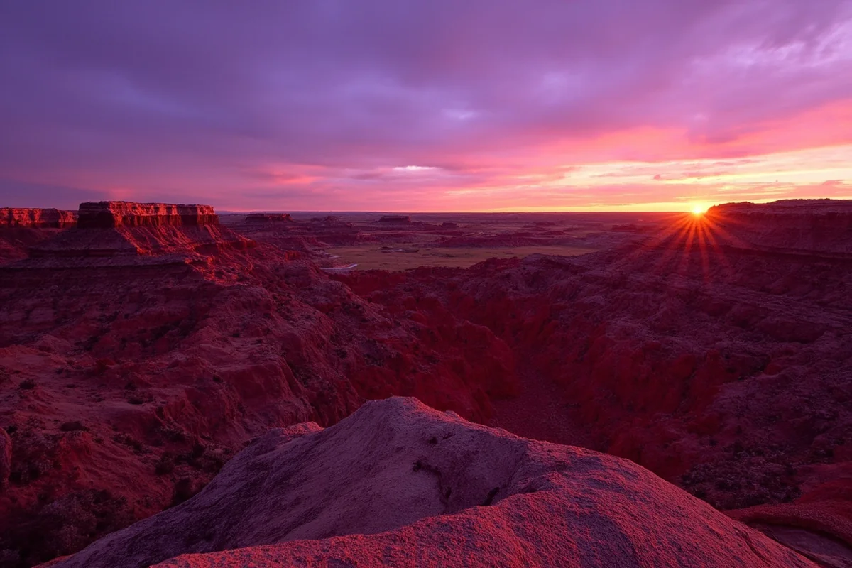Sunset over Makoshika State Park badlands with glowing red rock formations and purple sky