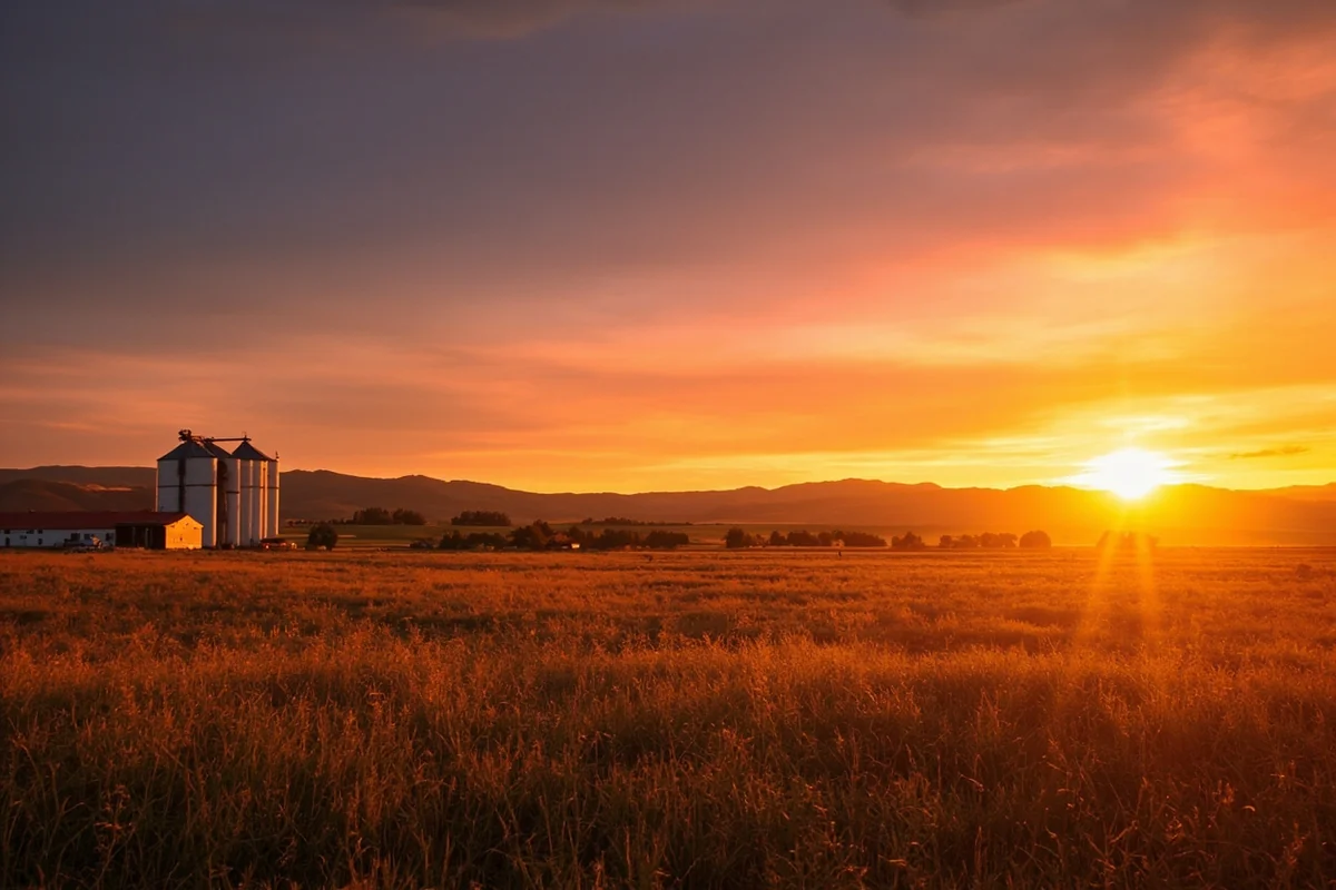 Sunset over Montana agricultural landscape with silos and mountains