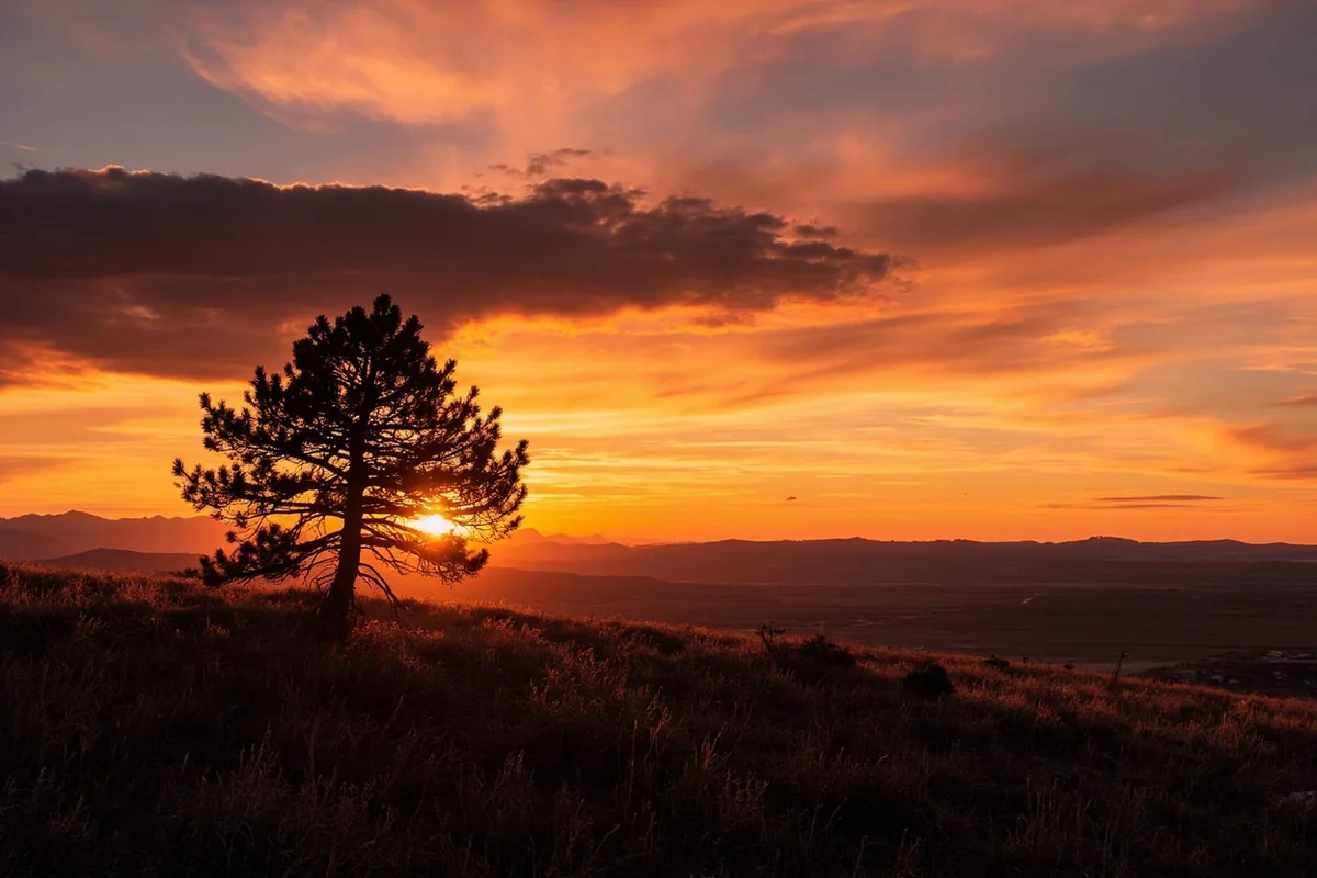 Sunset over Montana landscape with silhouette of lone tree and expansive sky