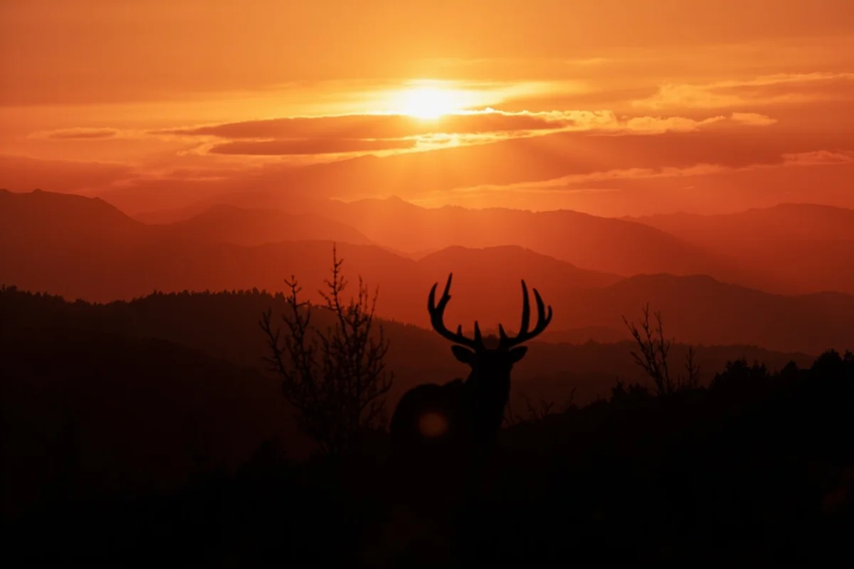 Sunset over Montana mountain range with hunter silhouetted, representing the end of a successful bear hunting day