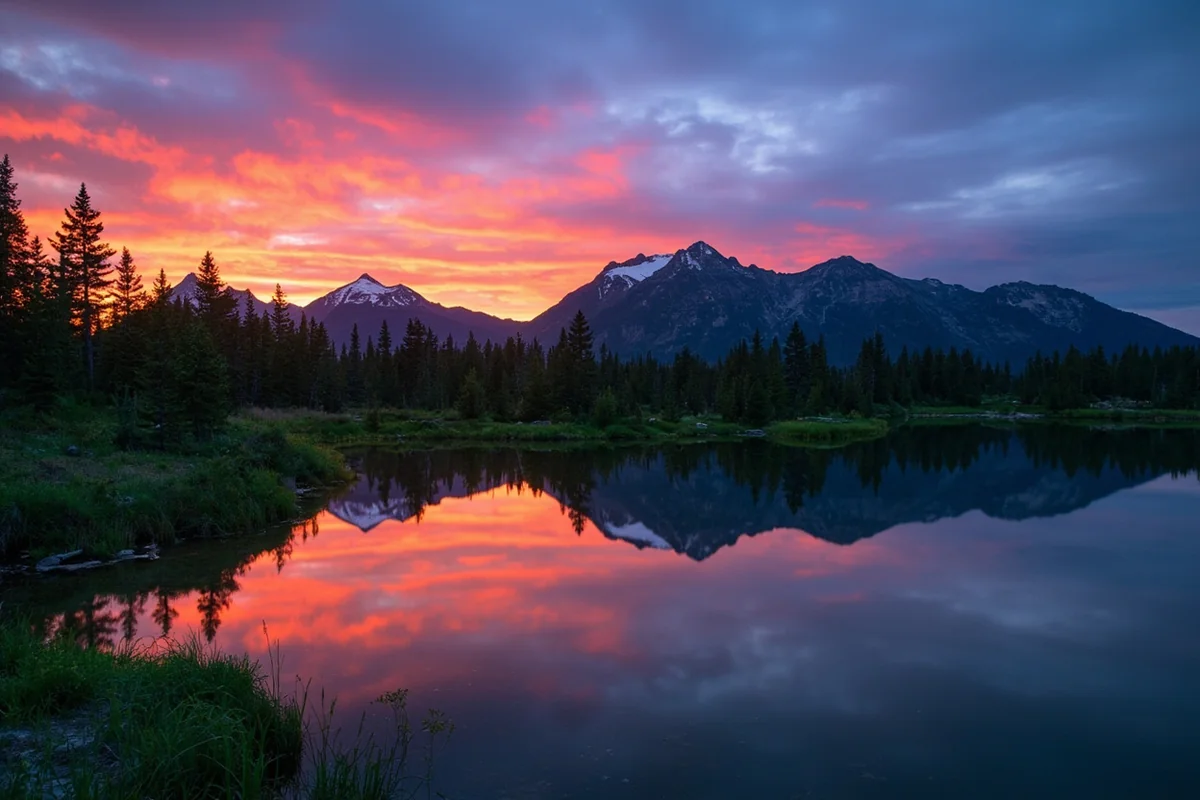 Sunset over Montana mountains reflecting on a calm lake