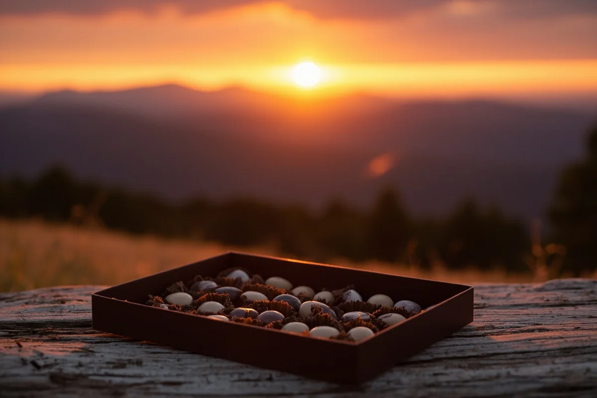 Sunset over Montana mountains with box of artisan chocolates in foreground