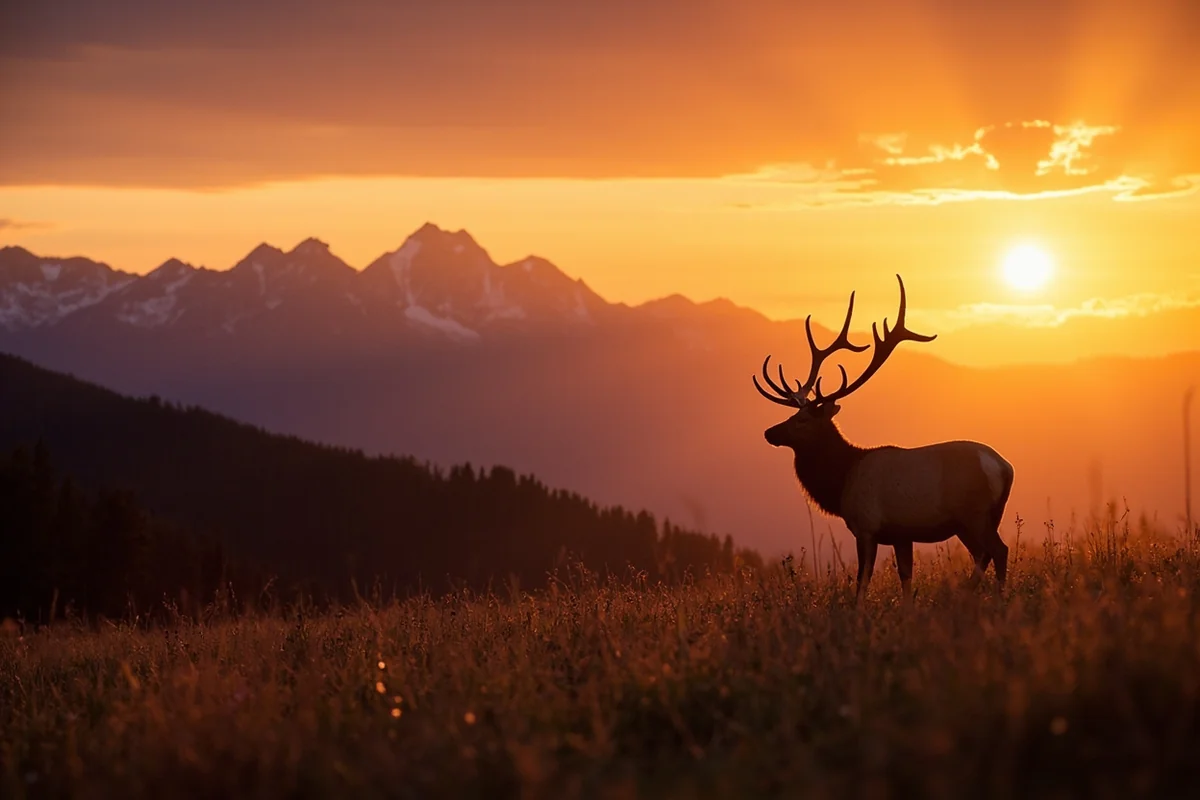 Sunset over Montana mountains with elk silhouettes in meadow