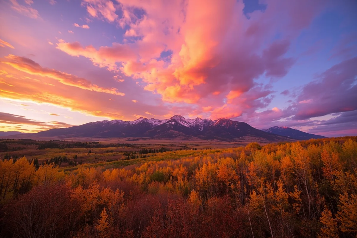 Sunset over Montana mountains with fall colors in foreground and dramatic pink/gold clouds