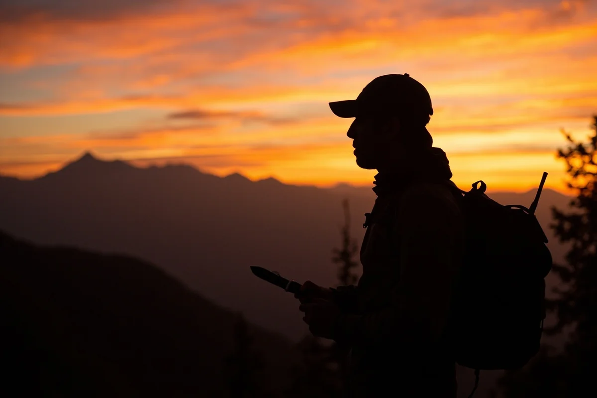 Sunset over Montana mountains with silhouette of hiker and properly sheathed knife, representing responsible outdoor recreation
