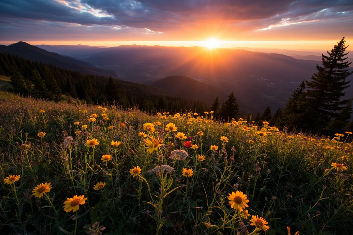 Sunset over Montana mountains with wildflower meadow in foreground
