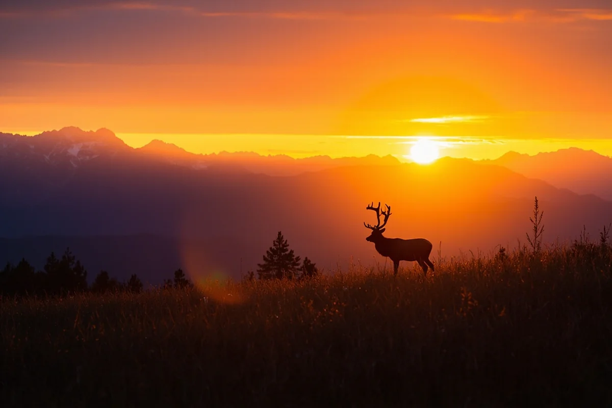 Sunset over Montana mountains with wildlife silhouettes in foreground meadow