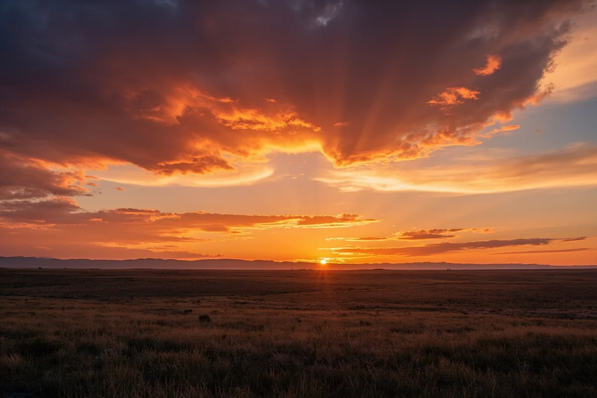 Sunset over Montana prairie with dramatic sky and endless horizon