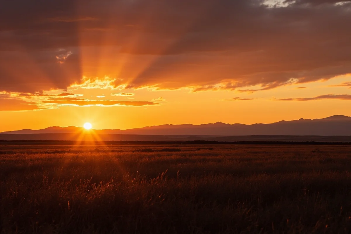 Sunset over Montana prairie with mountains in distant background