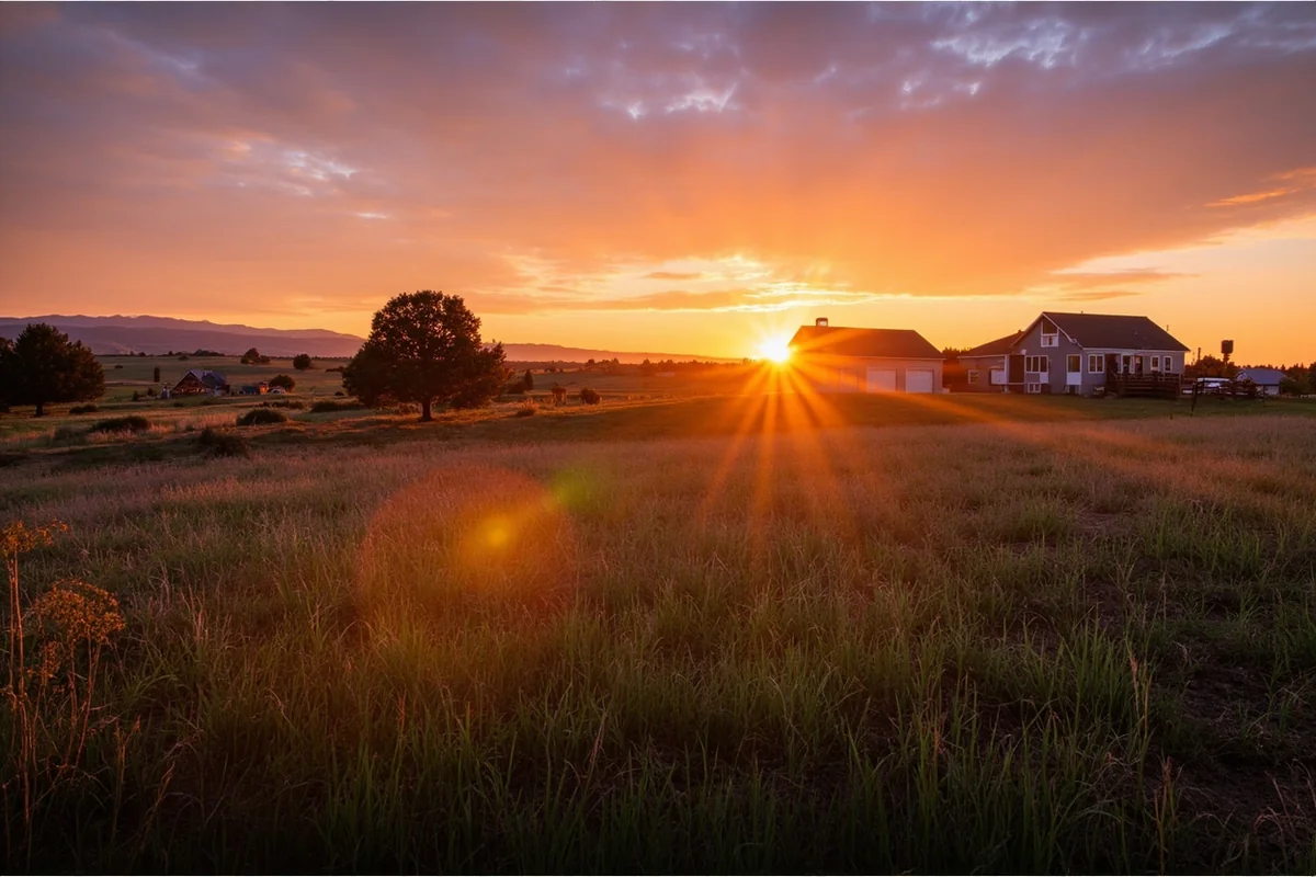 Sunset over Montana ranch with farmhouse and garden visible