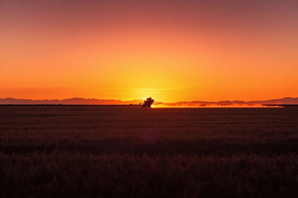 Sunset over Montana wheat fields with Rocky Mountains silhouetted in the distance and combine harvester lights visible on horizon