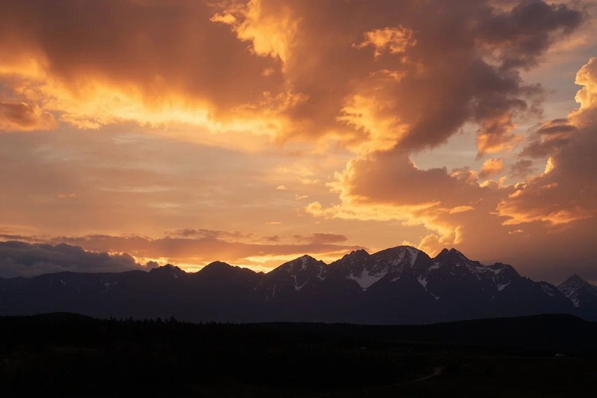 Sunset over mountain range with dramatic Big Sky clouds