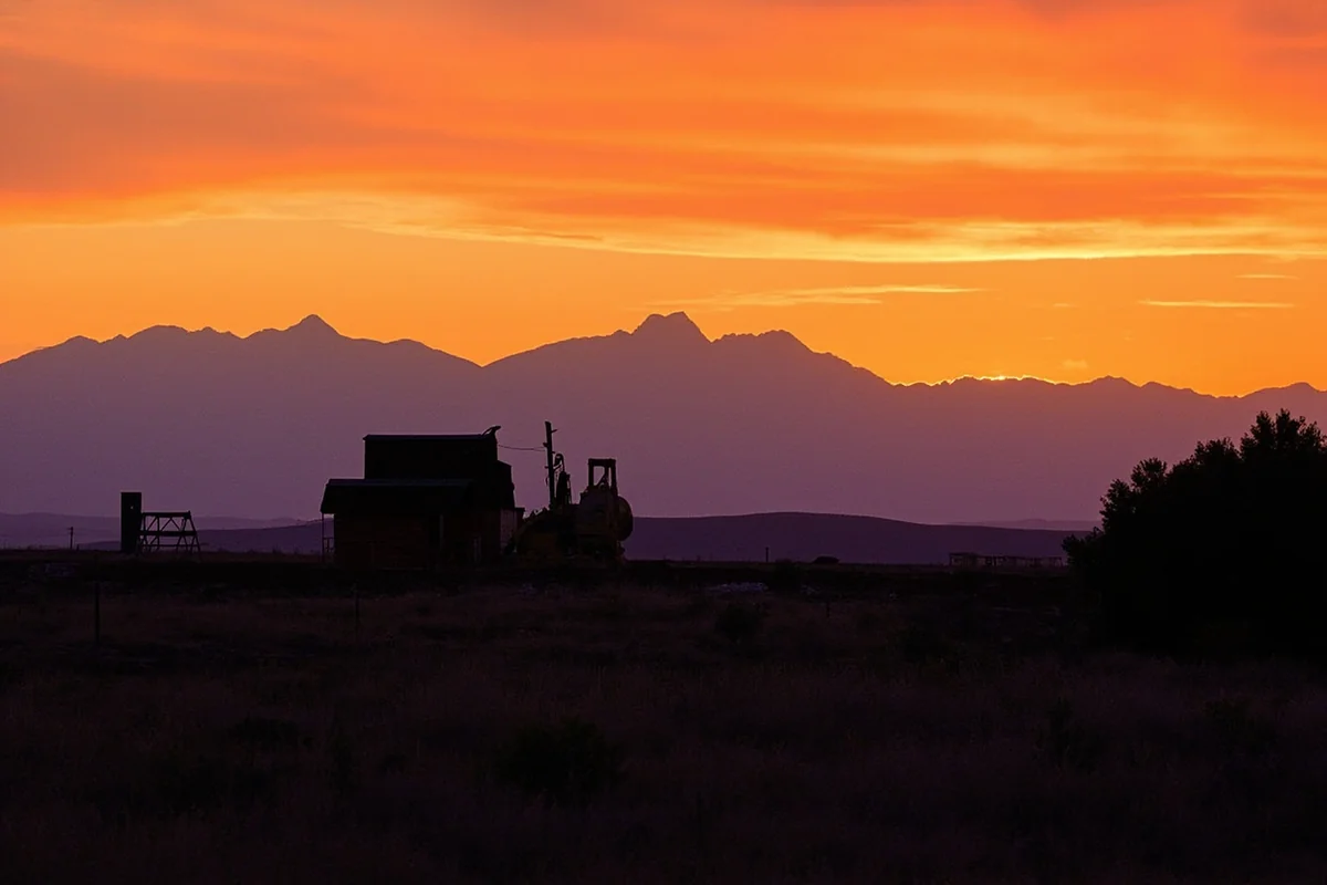 Sunset over preserved mining equipment with mountains silhouetted in background