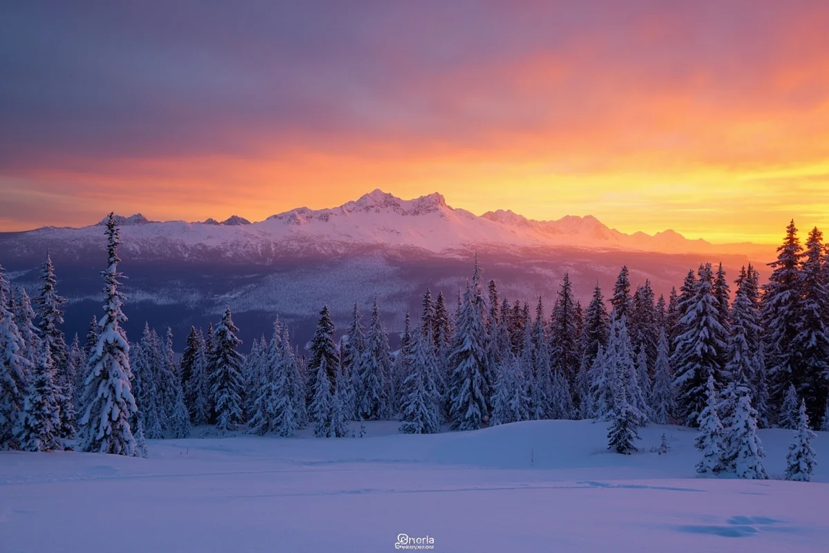 Sunset over snow-covered Montana landscape with warm golden light on mountain peaks