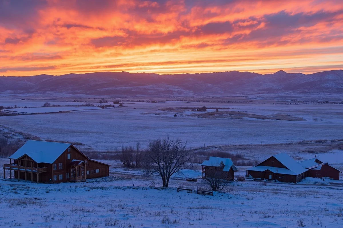 Sunset over snow-covered Montana valley with ranch buildings in foreground