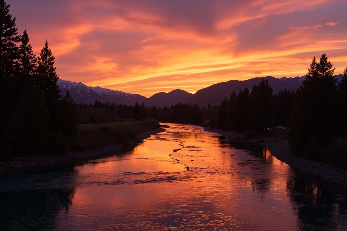 Sunset over the Clark Fork River in Missoula with the Bitterroot Mountains silhouetted in the background