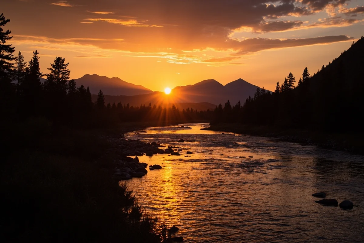 Sunset over the Gallatin River with mountain silhouettes in background