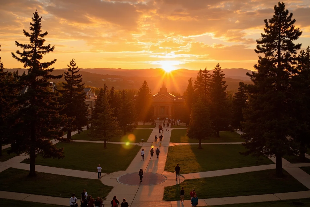 Sunset over the University of Montana campus with students walking across the oval