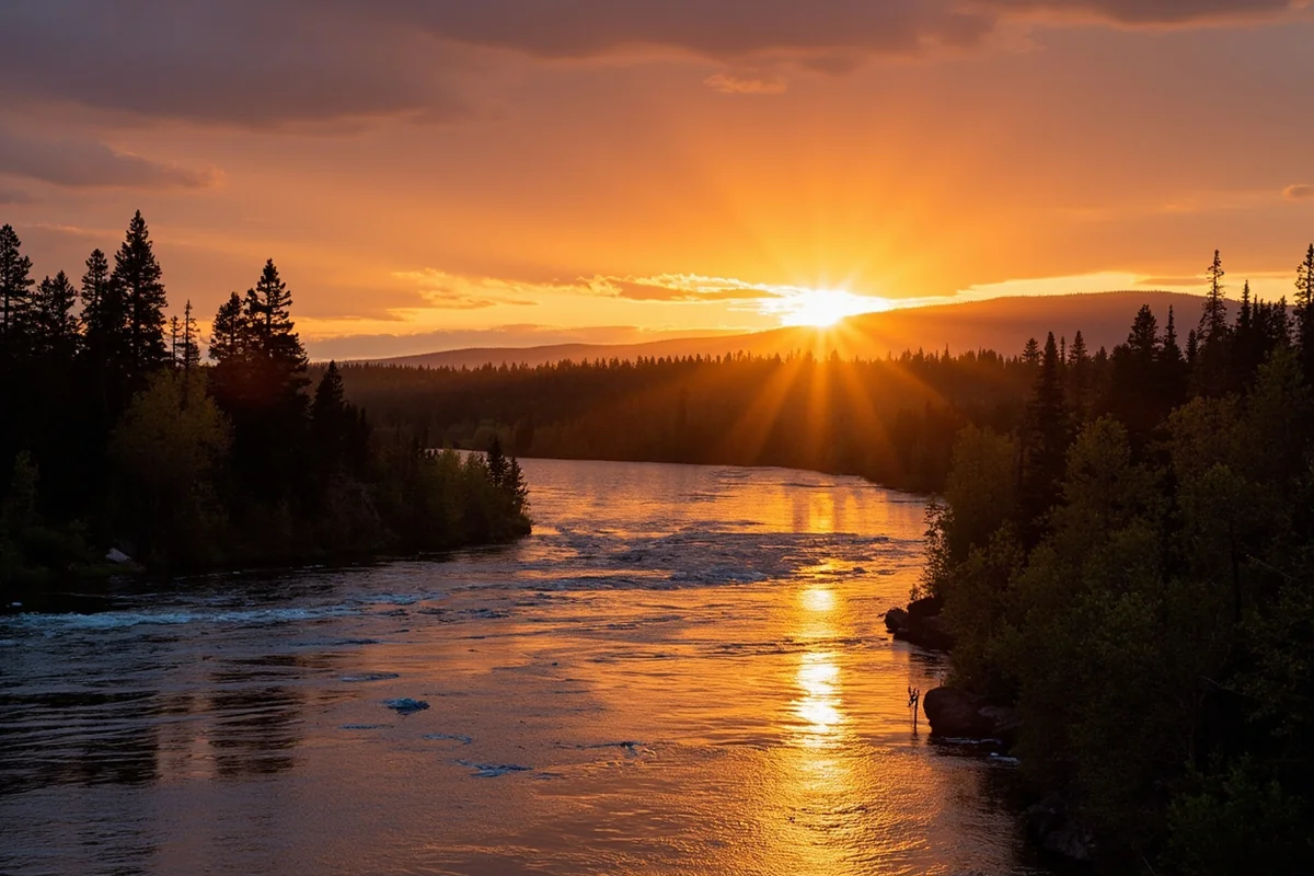 Sunset over the Yellowstone River near Sidney with golden light reflecting on water