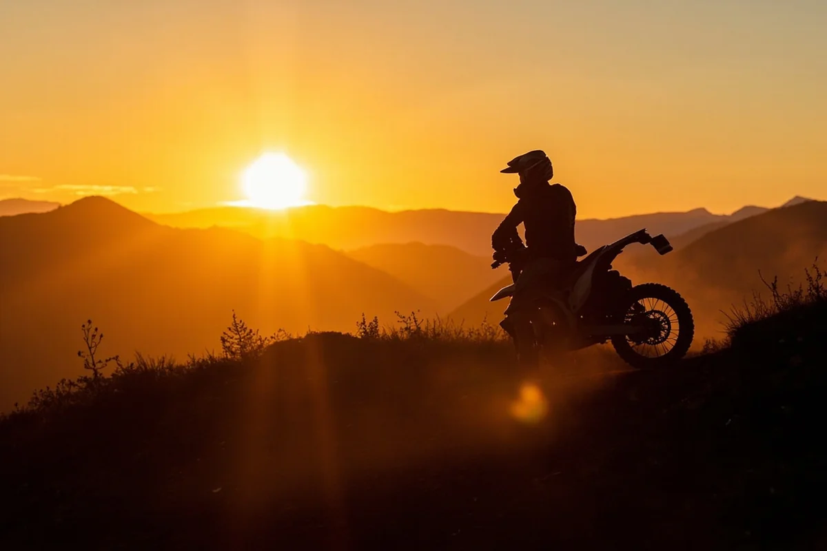 Sunset silhouette of dirt bike rider on Montana ridge with mountain range in distance