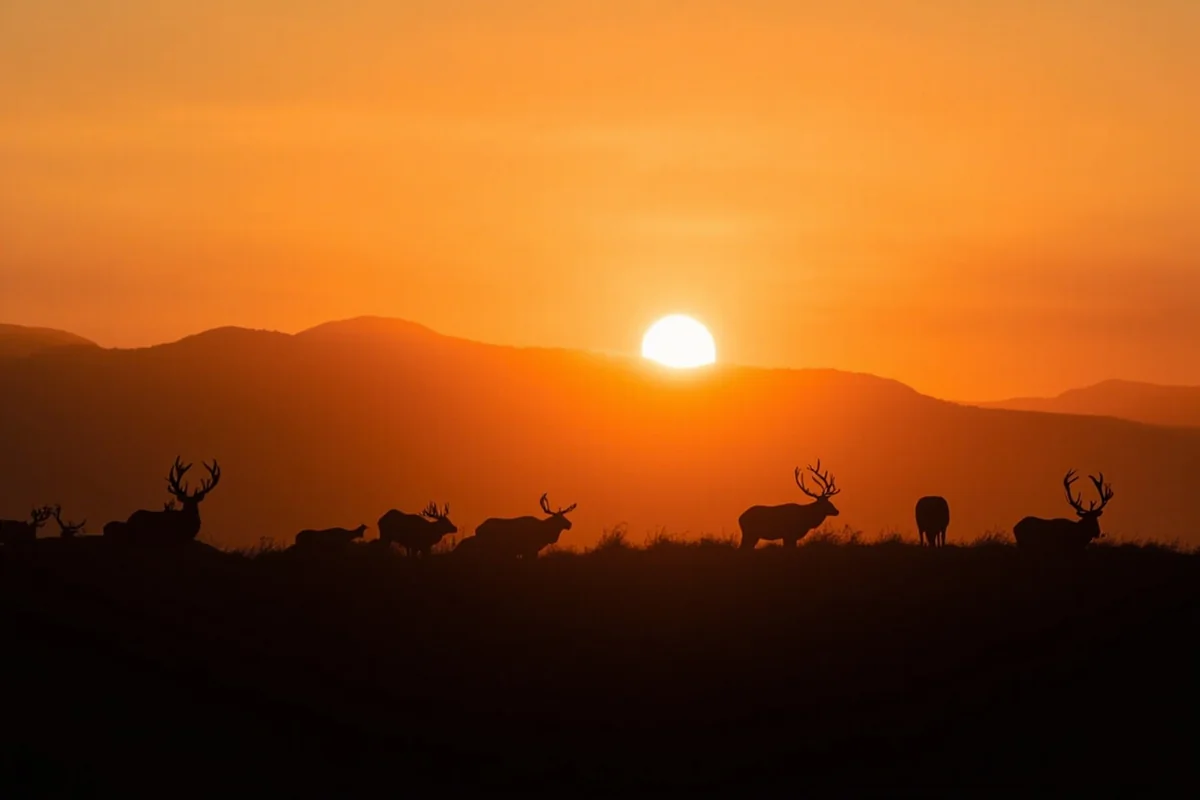 Sunset silhouette of elk herd against mountain backdrop