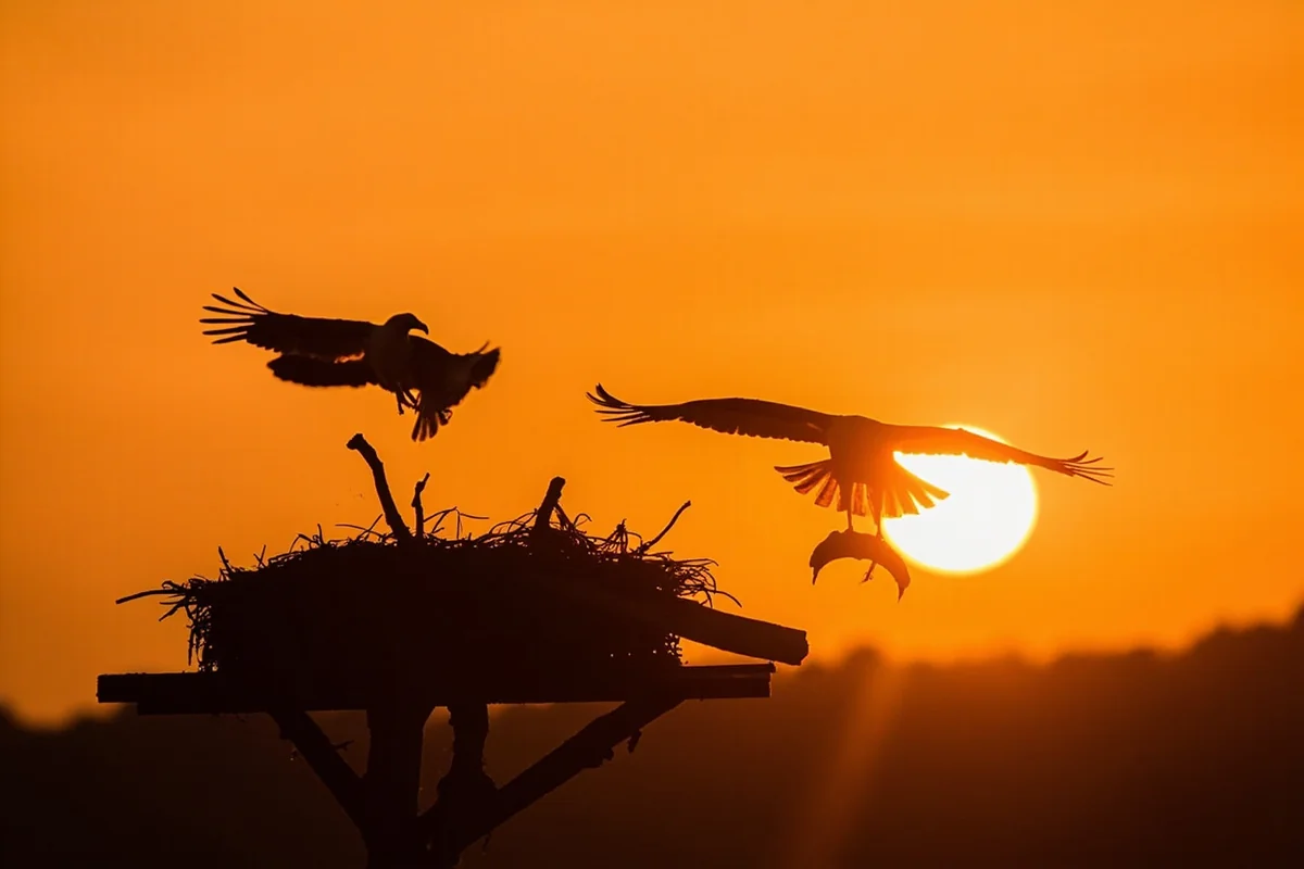 Sunset silhouette of osprey returning to nest with fish