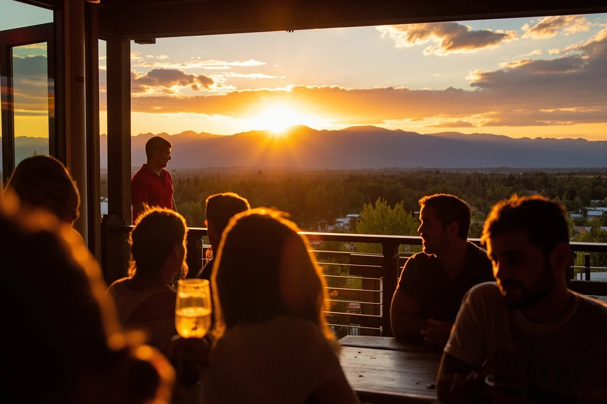Sunset view from a Bozeman brewery patio showing mountains in golden light