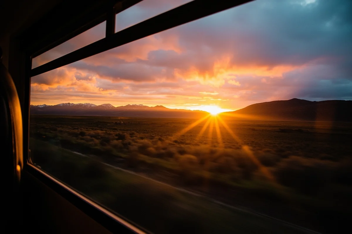 Sunset view from a bus window showing Montana's mountain landscape