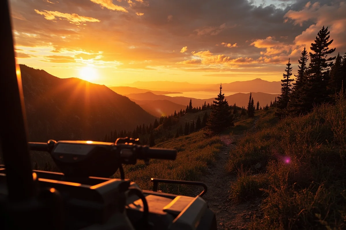 Sunset view from a Montana mountain trail accessible only by UTV, with golden light illuminating distant peaks