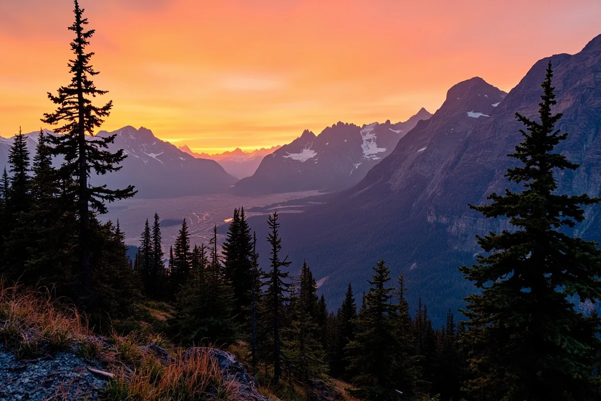 Sunset view from Many Glacier Valley after completing Ptarmigan Falls hike